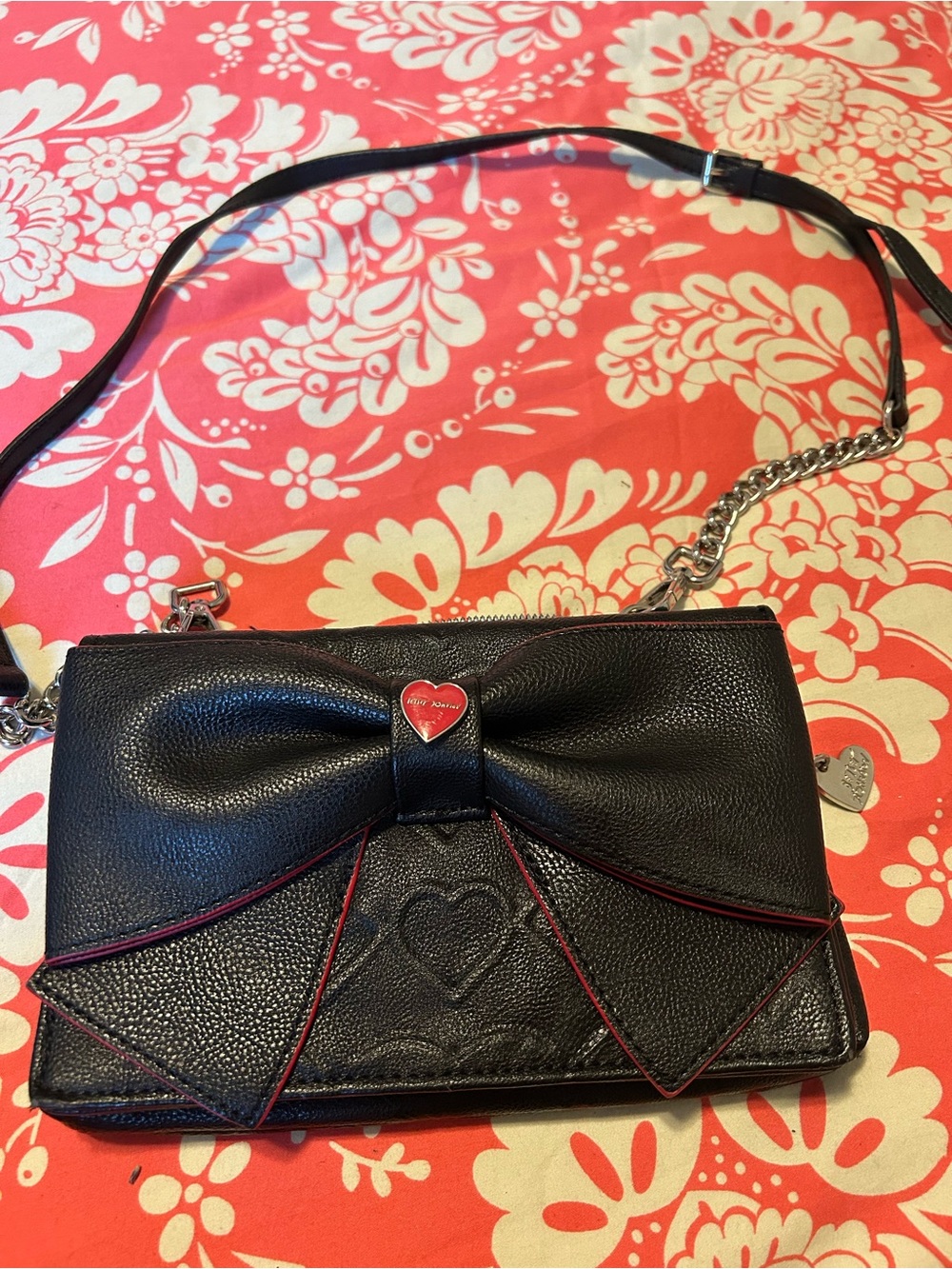 Betsy Johnson black Bow red Accent Crossbody Bag - Heart Detail